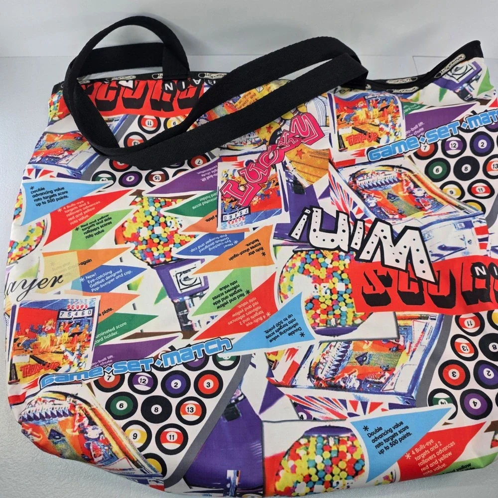 LeSportsac RARE Let's Play Arcade Game Pinball Billiards Print Tote Bag w Pouch